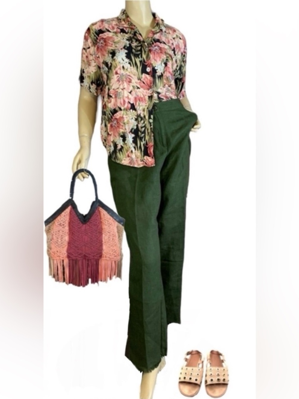 VINTAGE 1990'S HARVE BENARD FOREST GREEN LINEN FRINGE HEM TROUSERS (14)